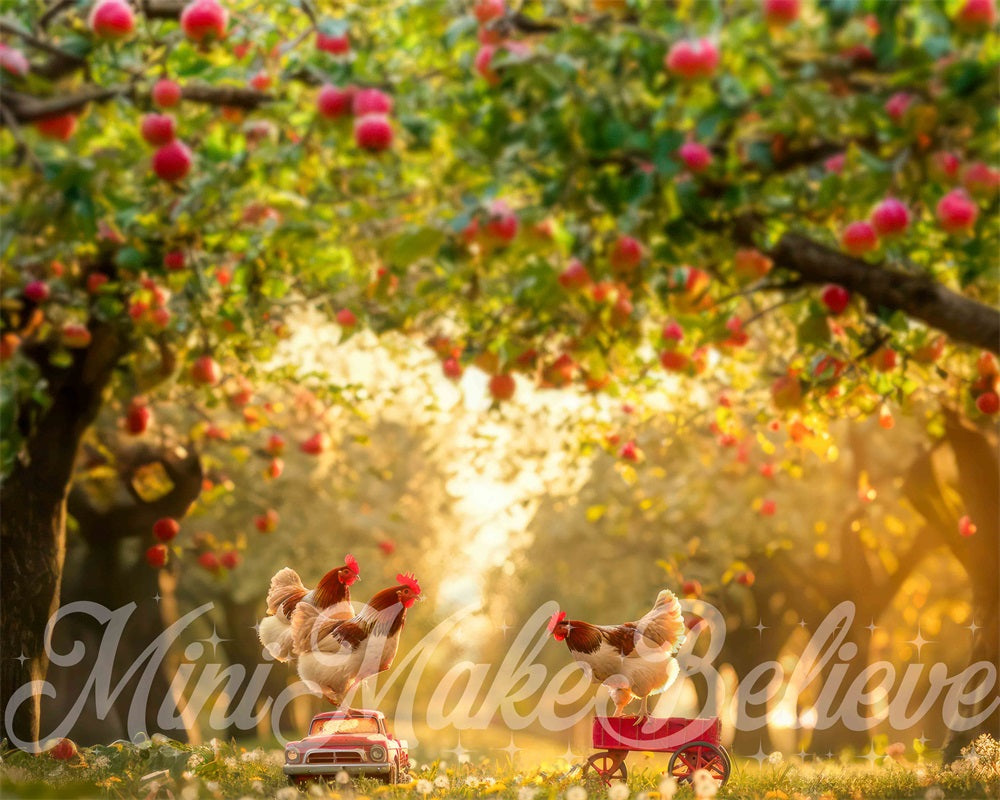 Kate Herbst Outdoor Apfelplantage Huhn Spielzeugauto Wiese Hintergrund Entworfen von Mini MakeBelieve - Kate Backdrop.de