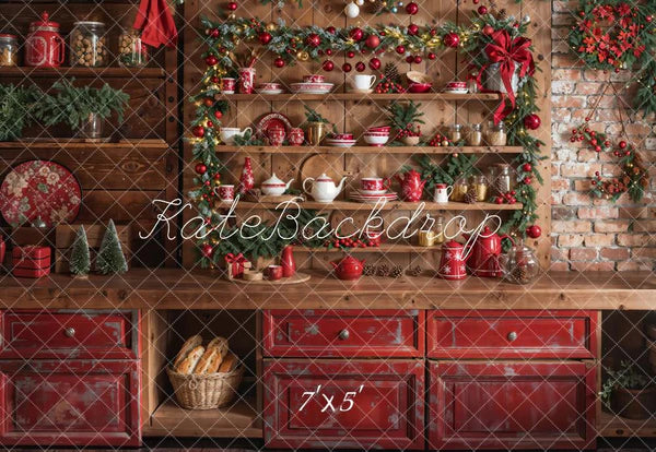 ⚡Blitzangebote #4-Kate Weihnachten Küche Grüner Kranz Hintergrund entworfen von Emetselch - Kate Backdrop.de