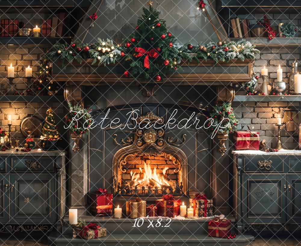 Kate Weihnachten Dunkelgrüne Schränke und Kamin Küchenhintergrund entworfen von Emetselch - Kate Backdrop.de