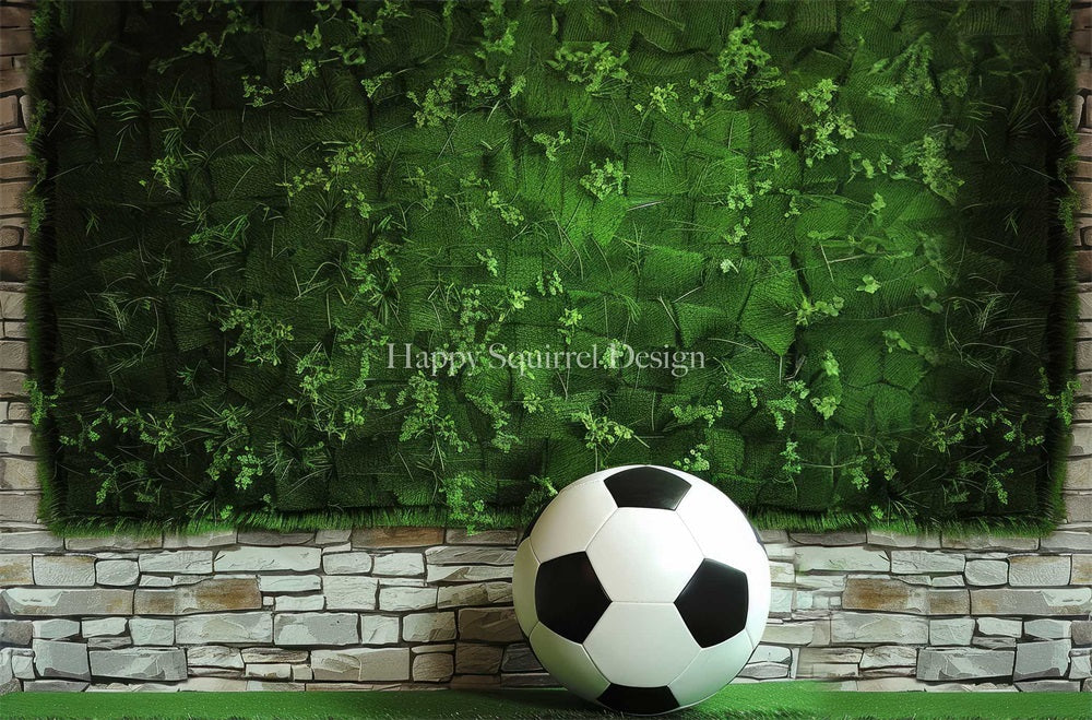 Kate Sommer Fußball Sport Grüne Pflanze Weiße Backsteinwand Hintergrund entworfen von Happy Squirrel Design - Kate Backdrop.de