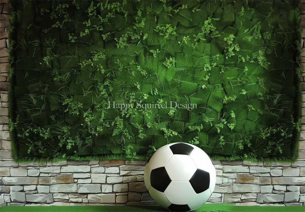Kate Sommer Fußball Sport Grüne Pflanze Weiße Backsteinwand Hintergrund entworfen von Happy Squirrel Design - Kate Backdrop.de