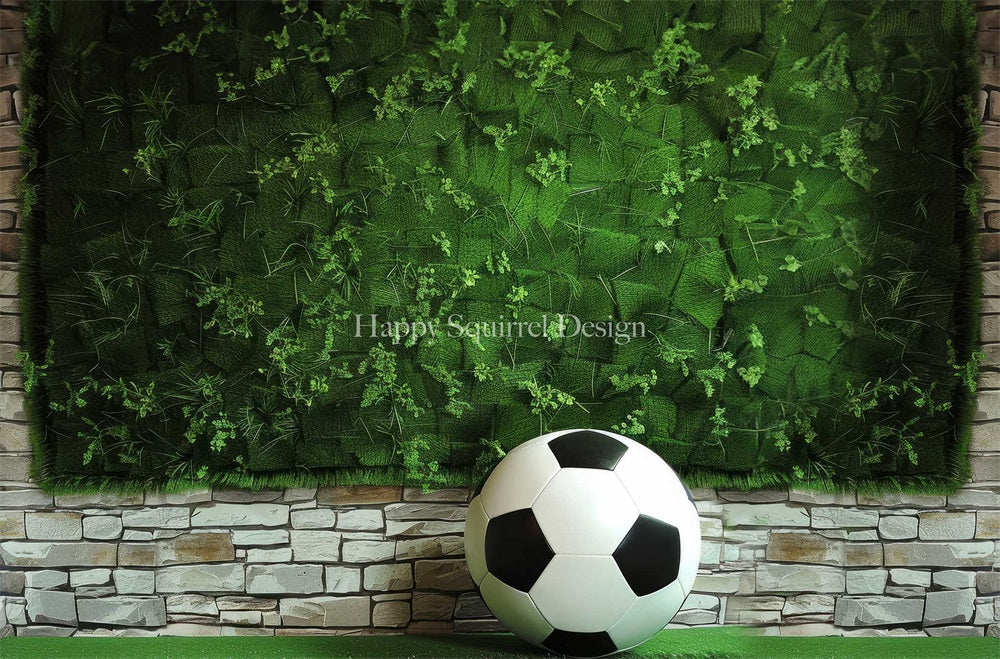 Kate Sommer Fußball Sport Grüne Pflanze Weiße Backsteinwand Hintergrund entworfen von Happy Squirrel Design - Kate Backdrop.de