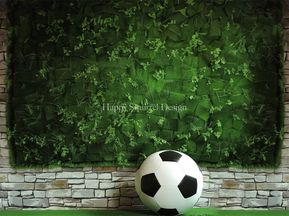 Kate Sommer Fußball Sport Grüne Pflanze Weiße Backsteinwand Hintergrund entworfen von Happy Squirrel Design - Kate Backdrop.de