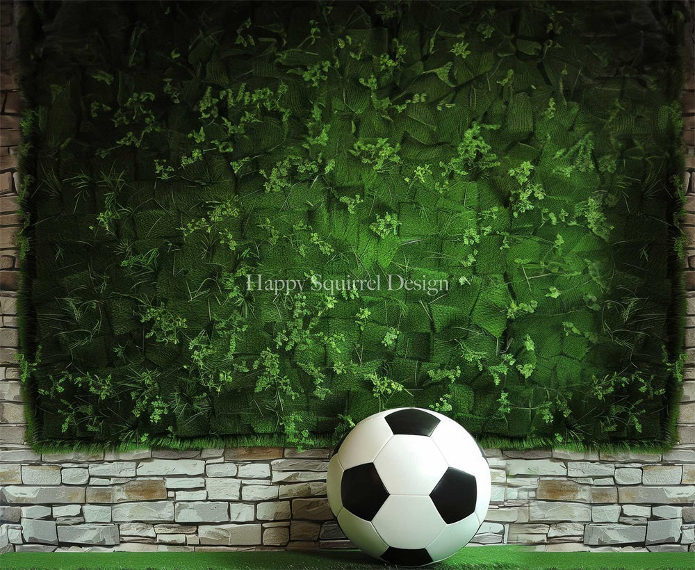 Kate Sommer Fußball Sport Grüne Pflanze Weiße Backsteinwand Hintergrund entworfen von Happy Squirrel Design - Kate Backdrop.de