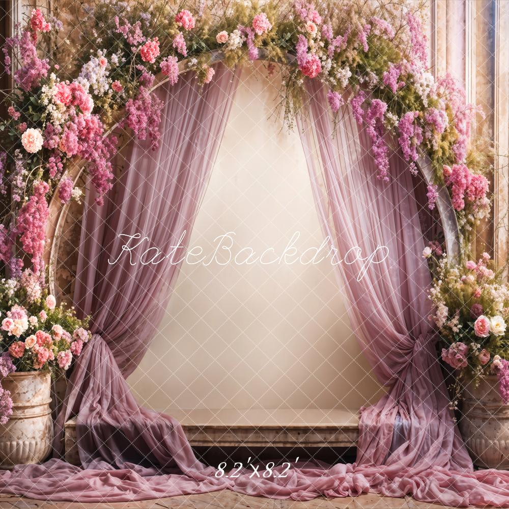 Kate Retro Feine Kunst Bunte Blume Lila Vorhang Beige Bogen Wand Hintergrund entworfen von Emetselch - Kate Backdrop.de