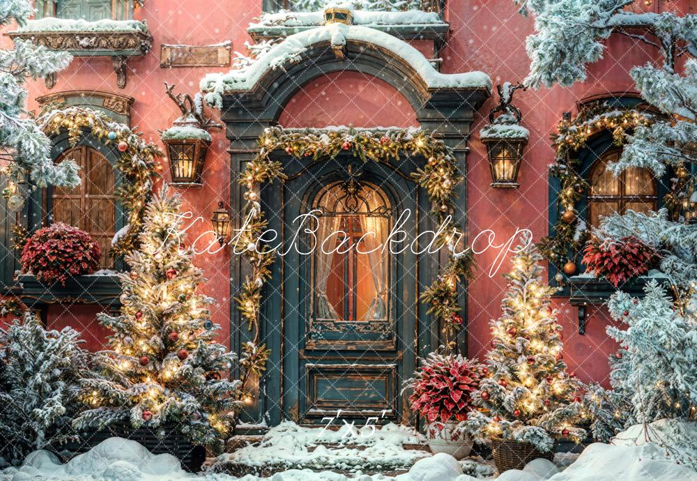 Kate Winter Weihnachten Dunkelgrünes Bogen Holztür Orange Wand Hintergrund entworfen von Chain Photography - Kate Backdrop.de