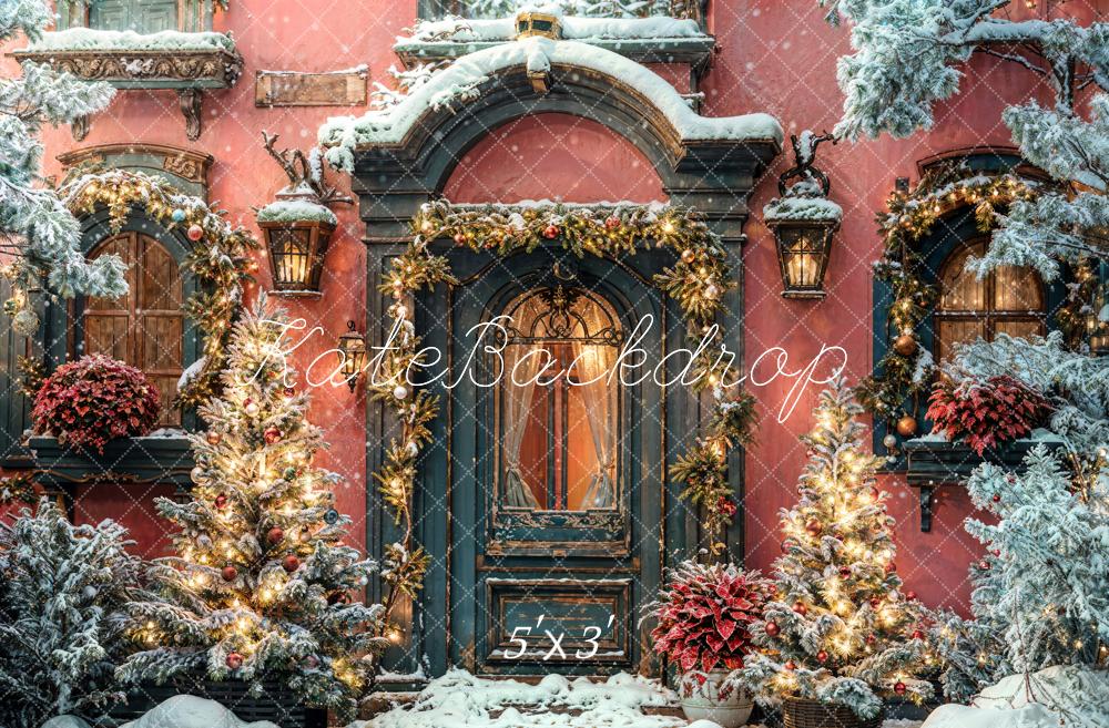 Kate Winter Weihnachten Dunkelgrünes Bogen Holztür Orange Wand Hintergrund entworfen von Chain Photography - Kate Backdrop.de