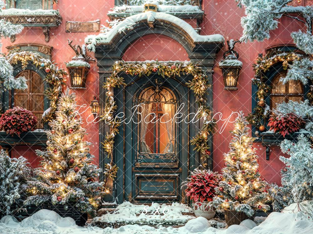 Kate Winter Weihnachten Dunkelgrünes Bogen Holztür Orange Wand Hintergrund entworfen von Chain Photography - Kate Backdrop.de