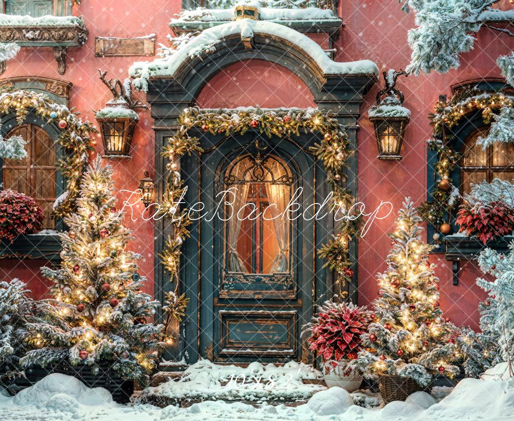 Kate Winter Weihnachten Dunkelgrünes Bogen Holztür Orange Wand Hintergrund entworfen von Chain Photography - Kate Backdrop.de
