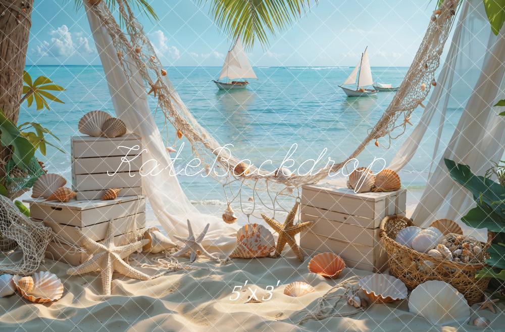 Kate Sommer Meer Segelboot Weiße Strand Seestern Muschel Hintergrund Entworfen von Emetselch - Kate Backdrop.de