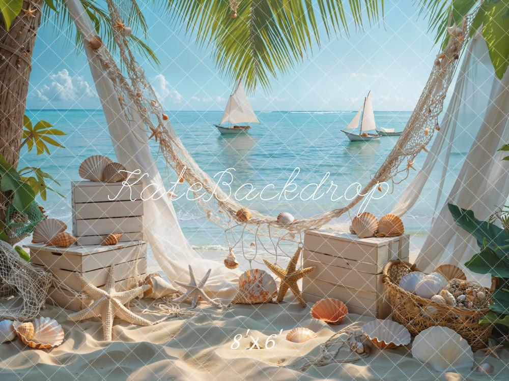 Kate Sommer Meer Segelboot Weiße Strand Seestern Muschel Hintergrund Entworfen von Emetselch - Kate Backdrop.de
