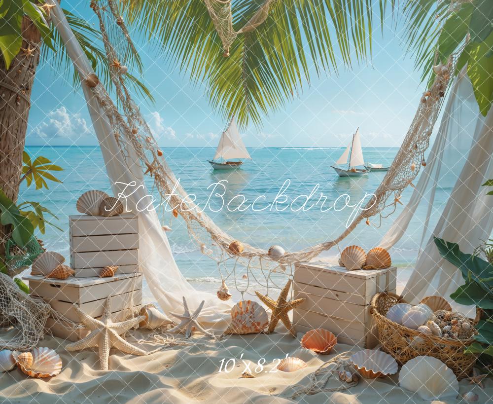 Kate Sommer Meer Segelboot Weiße Strand Seestern Muschel Hintergrund Entworfen von Emetselch - Kate Backdrop.de