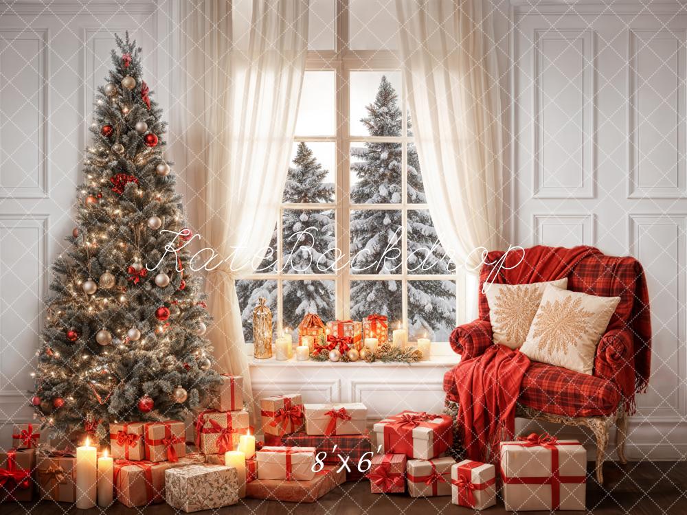 Kate Winter Weihnachten Indoor Weiße Vorhang Eingerahmtes Fenster Retro Wand Hintergrund entworfen von Emetselch - Kate Backdrop.de