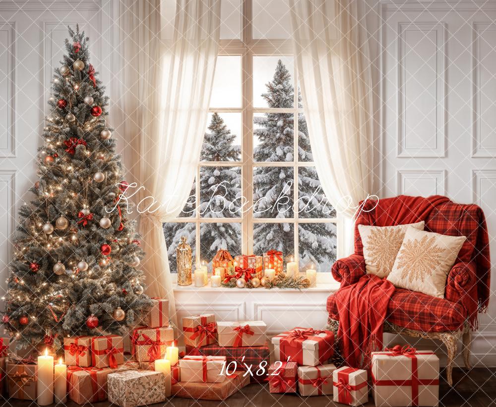 Kate Winter Weihnachten Indoor Weiße Vorhang Eingerahmtes Fenster Retro Wand Hintergrund entworfen von Emetselch - Kate Backdrop.de