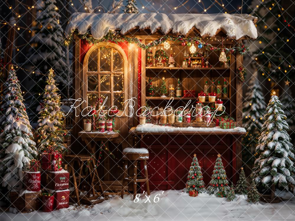 Kate Winter Weihnachten Outdoor Wald Roter Brauner Holz Essenswagen Hintergrund entworfen von Emetselch - Kate Backdrop.de