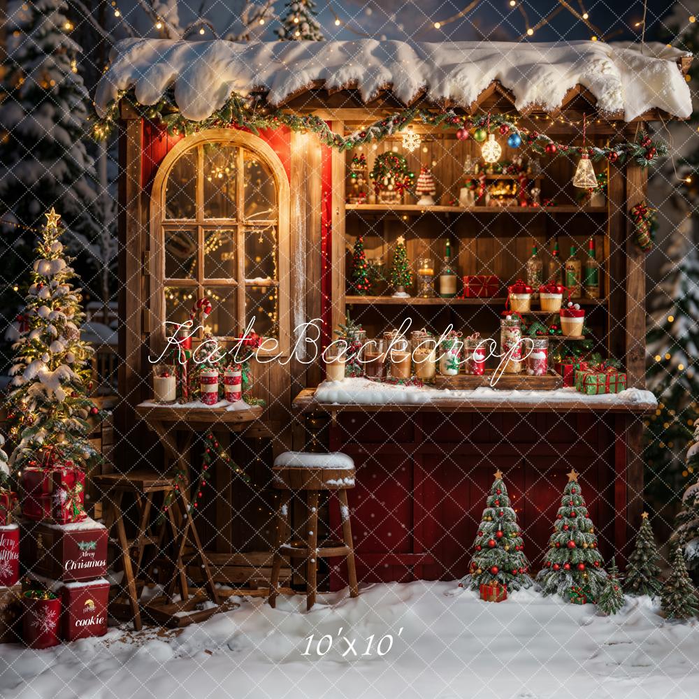Kate Winter Weihnachten Outdoor Wald Roter Brauner Holz Essenswagen Hintergrund entworfen von Emetselch - Kate Backdrop.de