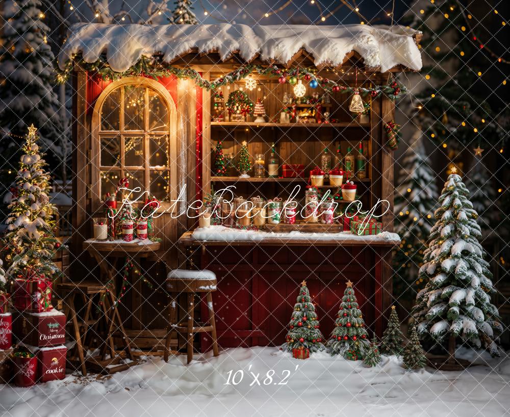 Kate Winter Weihnachten Outdoor Wald Roter Brauner Holz Essenswagen Hintergrund entworfen von Emetselch - Kate Backdrop.de