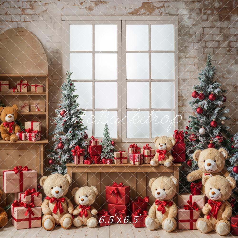 Kate Weihnachten Teddybär Weißes Eingerahmtes Fenster Graue Ziegelwand Hintergrund entworfen von Emetselch - Kate Backdrop.de