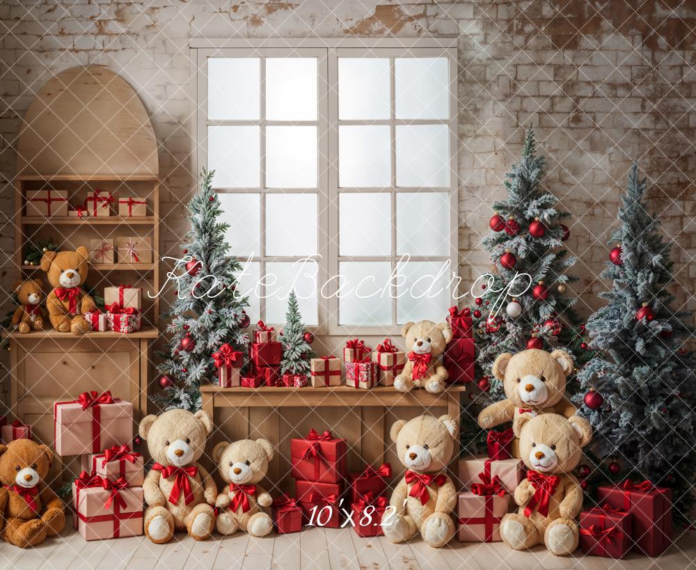Kate Weihnachten Teddybär Weißes Eingerahmtes Fenster Graue Ziegelwand Hintergrund entworfen von Emetselch - Kate Backdrop.de