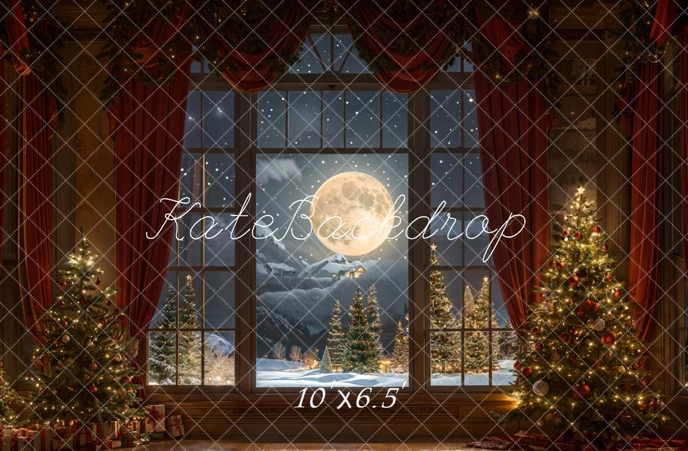 Kate Weihnachten Nacht Roter Vorhang Eingerahmtes Fenster Retro Wand Hintergrund entworfen von Chain Photography - Kate Backdrop.de