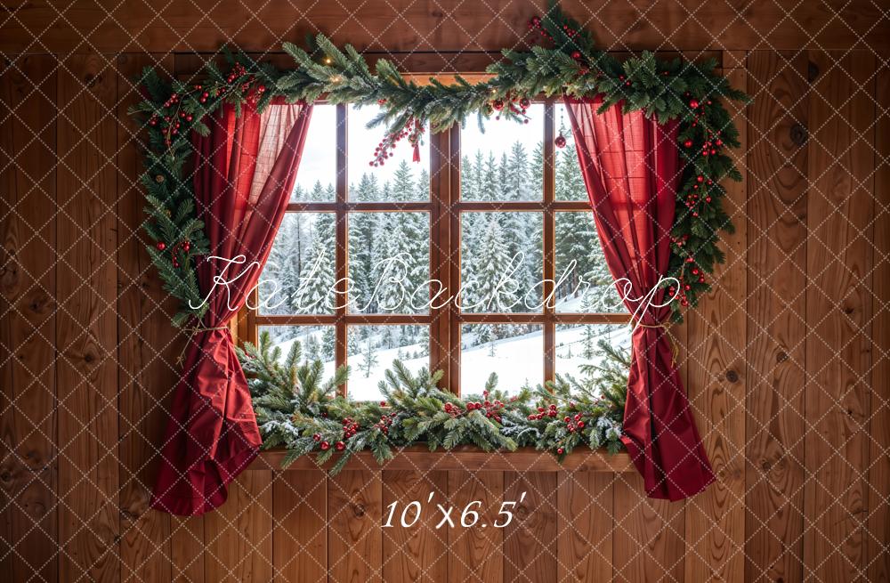 Kate Weihnachten Wald Roter Vorhang Eingerahmtes Fenster Braune Holzwand Hintergrund entworfen von Chain Photography - Kate Backdrop.de