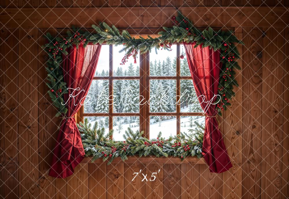 Kate Weihnachten Wald Roter Vorhang Eingerahmtes Fenster Braune Holzwand Hintergrund entworfen von Chain Photography - Kate Backdrop.de