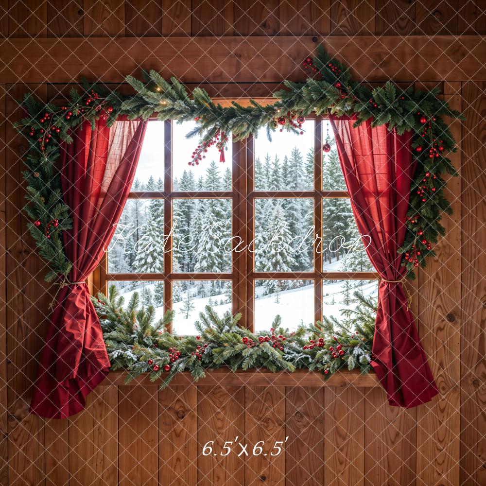 Kate Weihnachten Wald Roter Vorhang Eingerahmtes Fenster Braune Holzwand Hintergrund entworfen von Chain Photography - Kate Backdrop.de