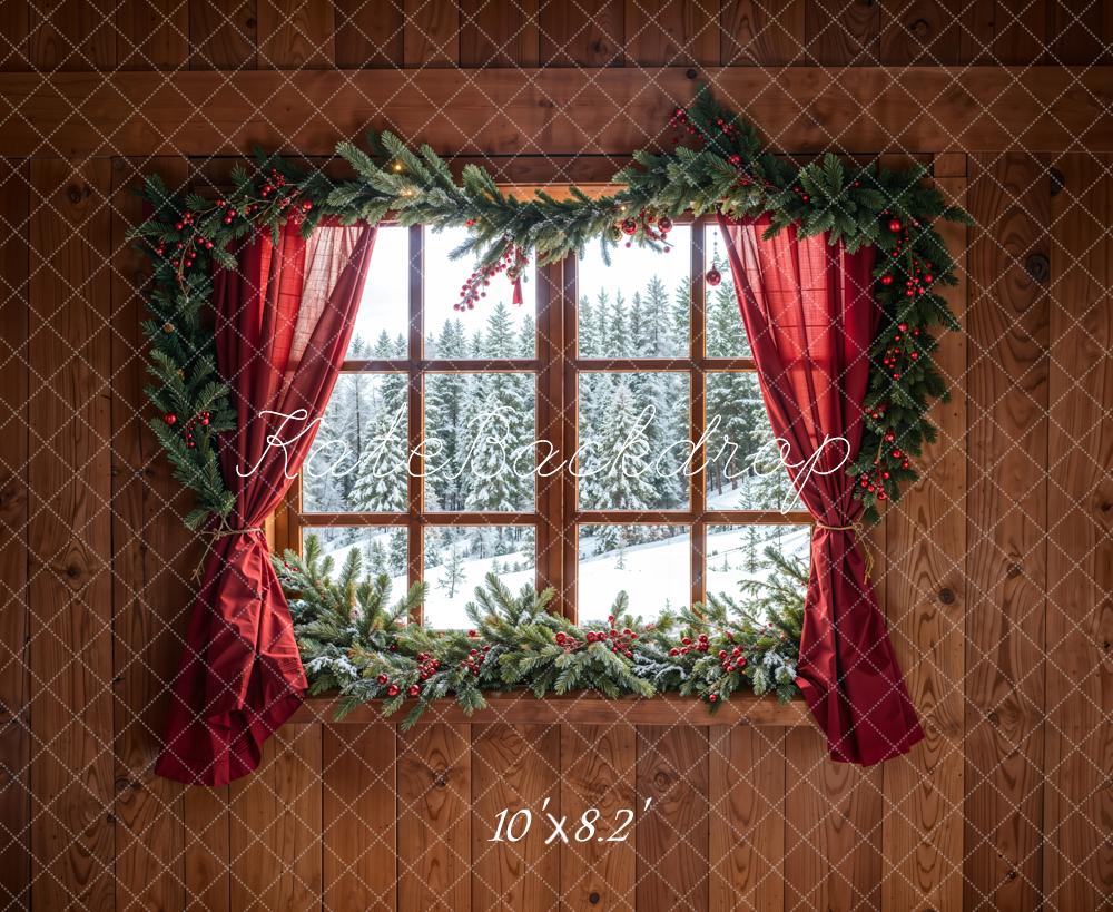 Kate Weihnachten Wald Roter Vorhang Eingerahmtes Fenster Braune Holzwand Hintergrund entworfen von Chain Photography - Kate Backdrop.de