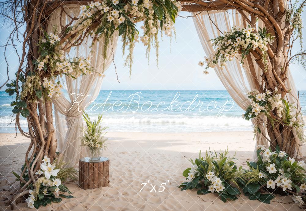 Kate Sommer Meer Strand Weiße Blumen Hochzeit Eingerahmte Holztür Hintergrund entworfen von Emetselch - Kate Backdrop.de