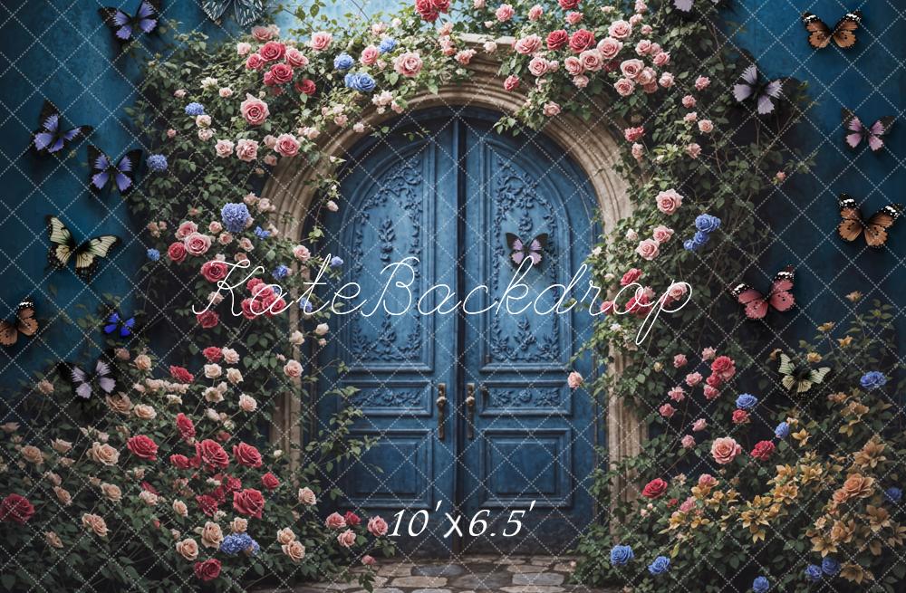 Kate Sommer Fine Art Bunte Blumen Schmetterling Dunkelblaues Bogen Tür Hintergrund entworfen von Chain Photography - Kate Backdrop.de
