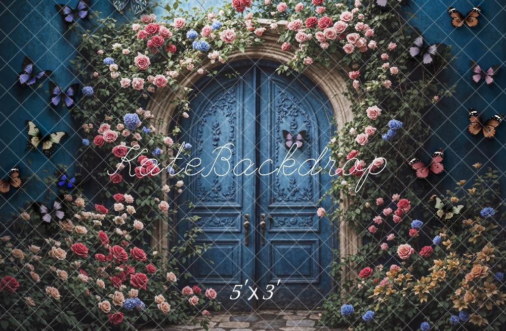 Kate Sommer Fine Art Bunte Blumen Schmetterling Dunkelblaues Bogen Tür Hintergrund entworfen von Chain Photography - Kate Backdrop.de
