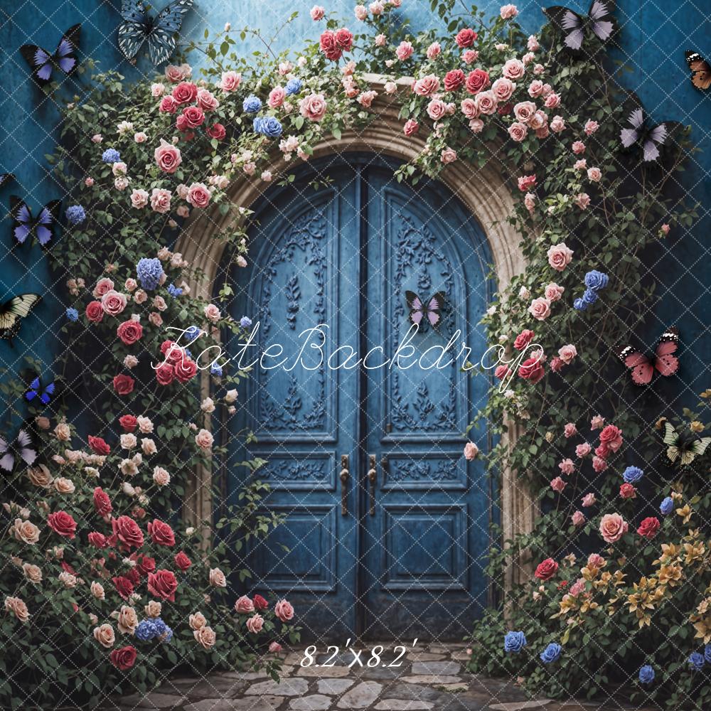 Kate Sommer Fine Art Bunte Blumen Schmetterling Dunkelblaues Bogen Tür Hintergrund entworfen von Chain Photography - Kate Backdrop.de