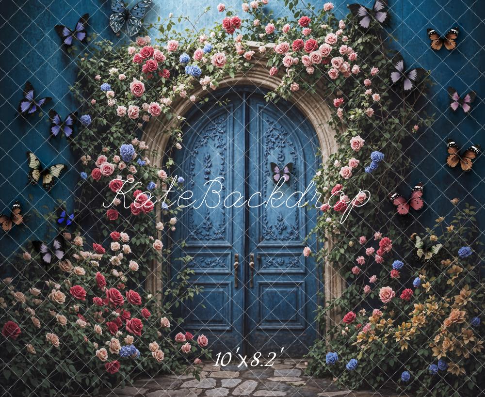 Kate Sommer Fine Art Bunte Blumen Schmetterling Dunkelblaues Bogen Tür Hintergrund entworfen von Chain Photography - Kate Backdrop.de