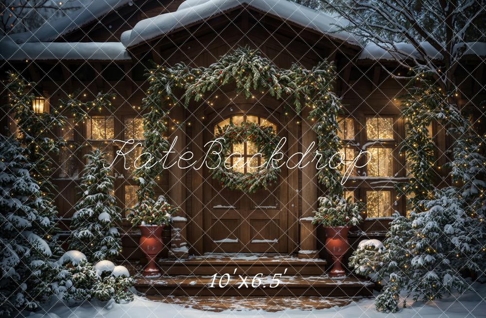 Kate Winter Weihnachten Abend Dunkelbraunes Modernes Blockhaus Hintergrund entworfen von Chain Photography - Kate Backdrop.de