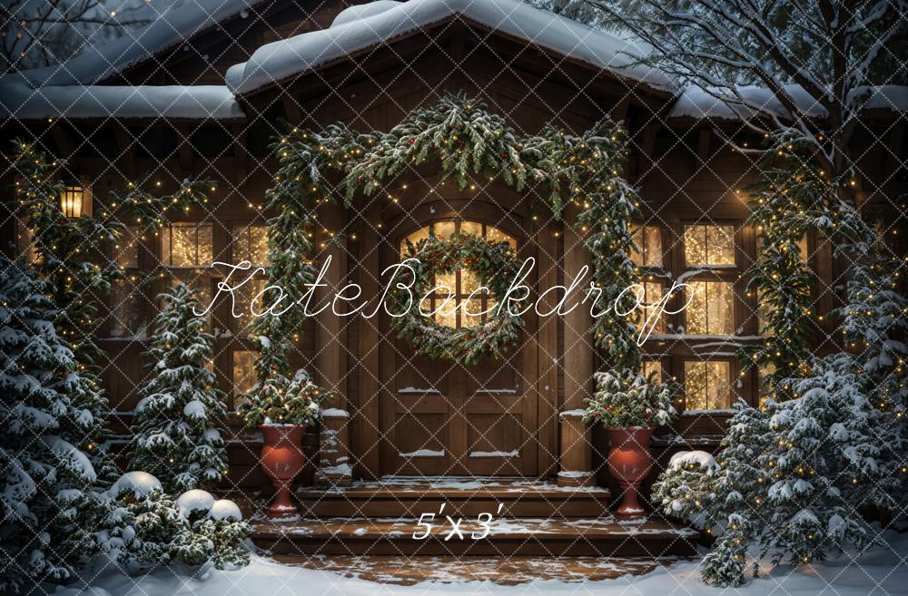 Kate Winter Weihnachten Abend Dunkelbraunes Modernes Blockhaus Hintergrund entworfen von Chain Photography - Kate Backdrop.de