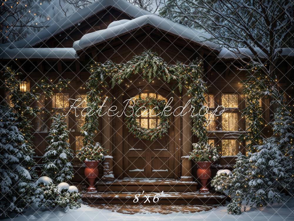 Kate Winter Weihnachten Abend Dunkelbraunes Modernes Blockhaus Hintergrund entworfen von Chain Photography - Kate Backdrop.de