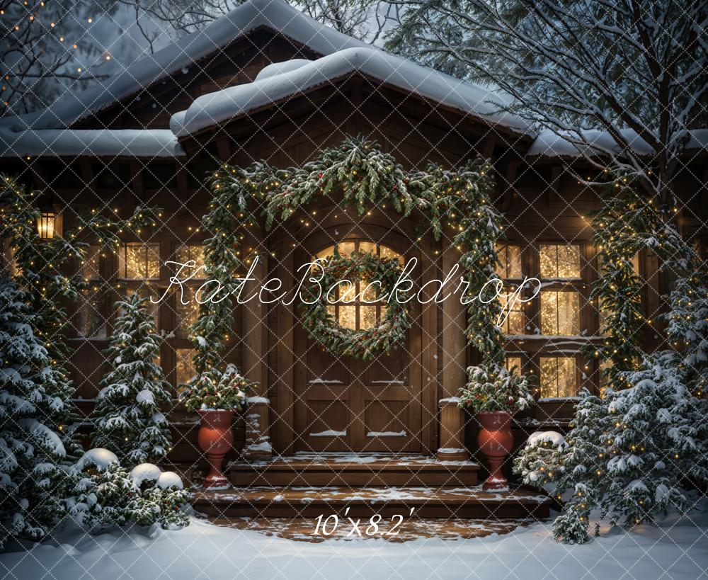 Kate Winter Weihnachten Abend Dunkelbraunes Modernes Blockhaus Hintergrund entworfen von Chain Photography - Kate Backdrop.de