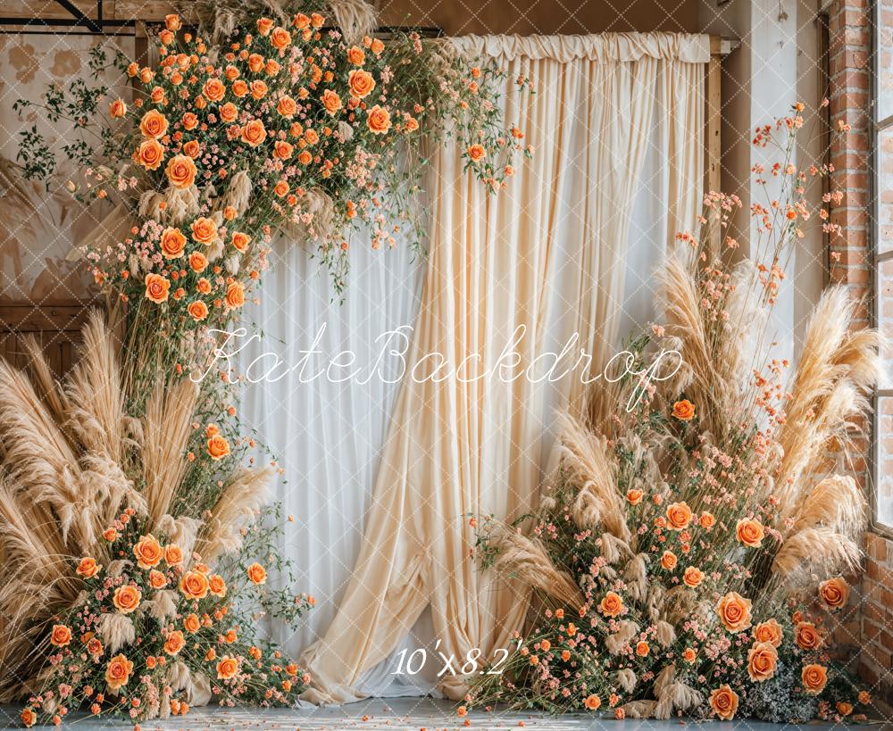 Kate Boho Fine Art Orange Blume Beige und Weiße Vorhang Wand Hintergrund entworfen von Emetselch - Kate Backdrop.de