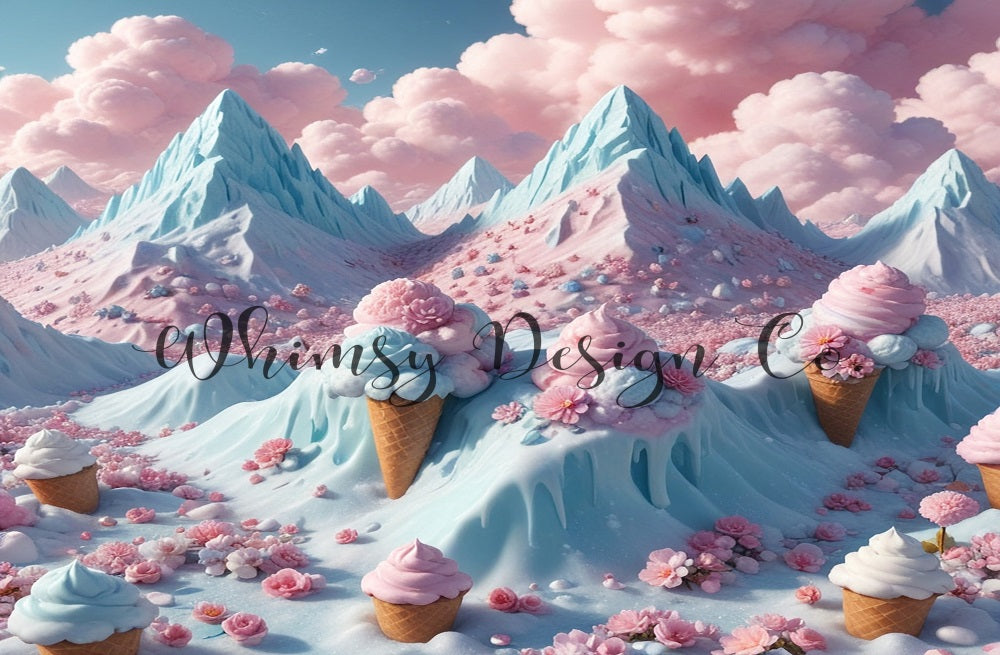Kate Fantasy Cartoon Blau Pink Zuckerwatte Eiscreme Berg Hintergrund entworfen von Nora Dishman - Kate Backdrop.de