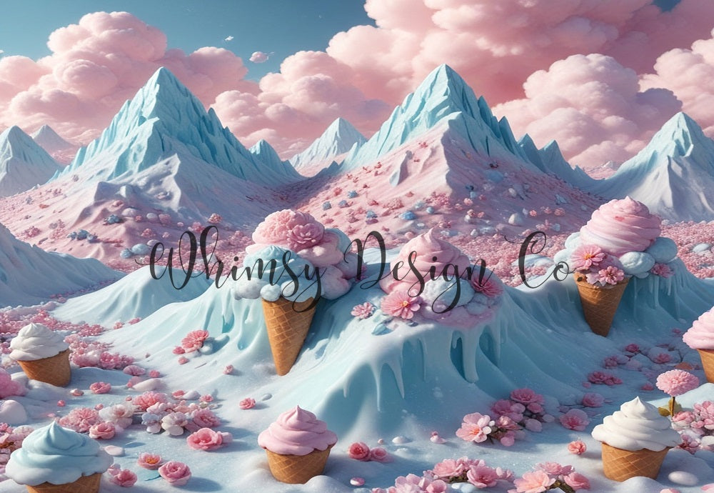 Kate Fantasy Cartoon Blau Pink Zuckerwatte Eiscreme Berg Hintergrund entworfen von Nora Dishman - Kate Backdrop.de