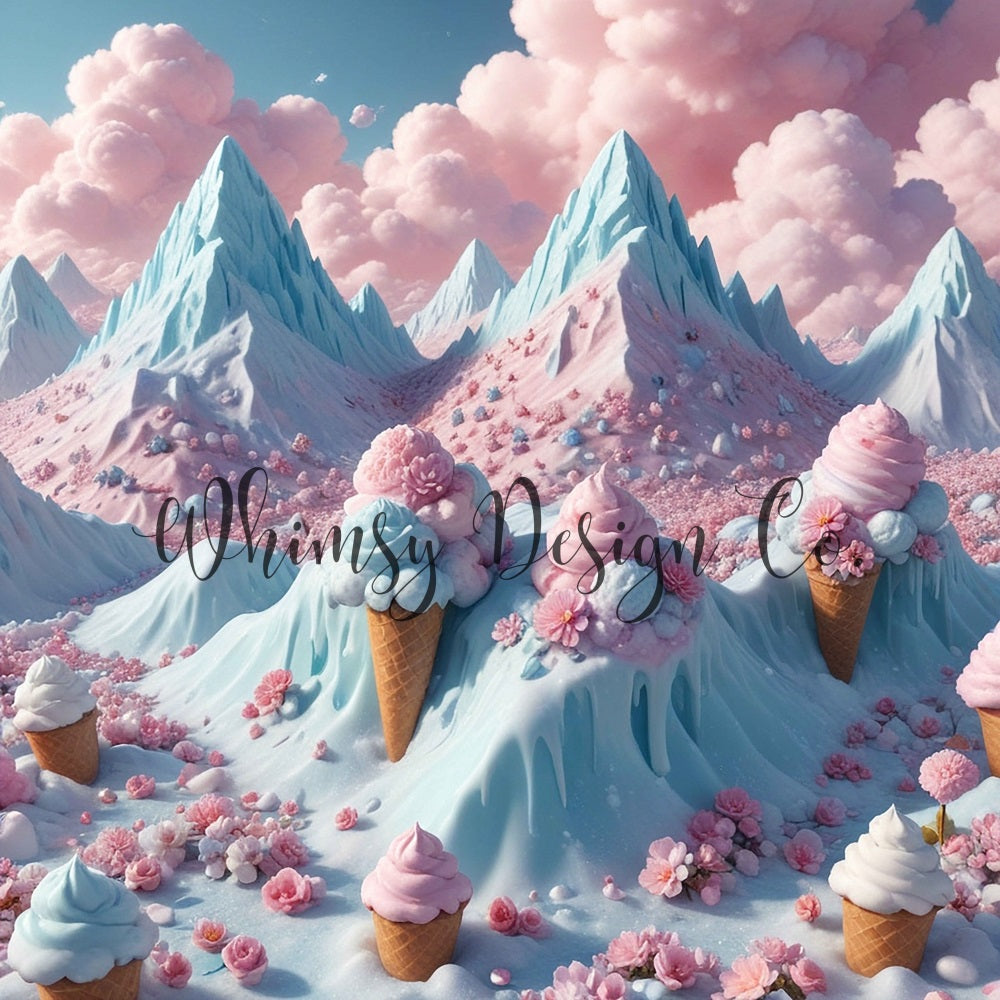 Kate Fantasy Cartoon Blau Pink Zuckerwatte Eiscreme Berg Hintergrund entworfen von Nora Dishman - Kate Backdrop.de