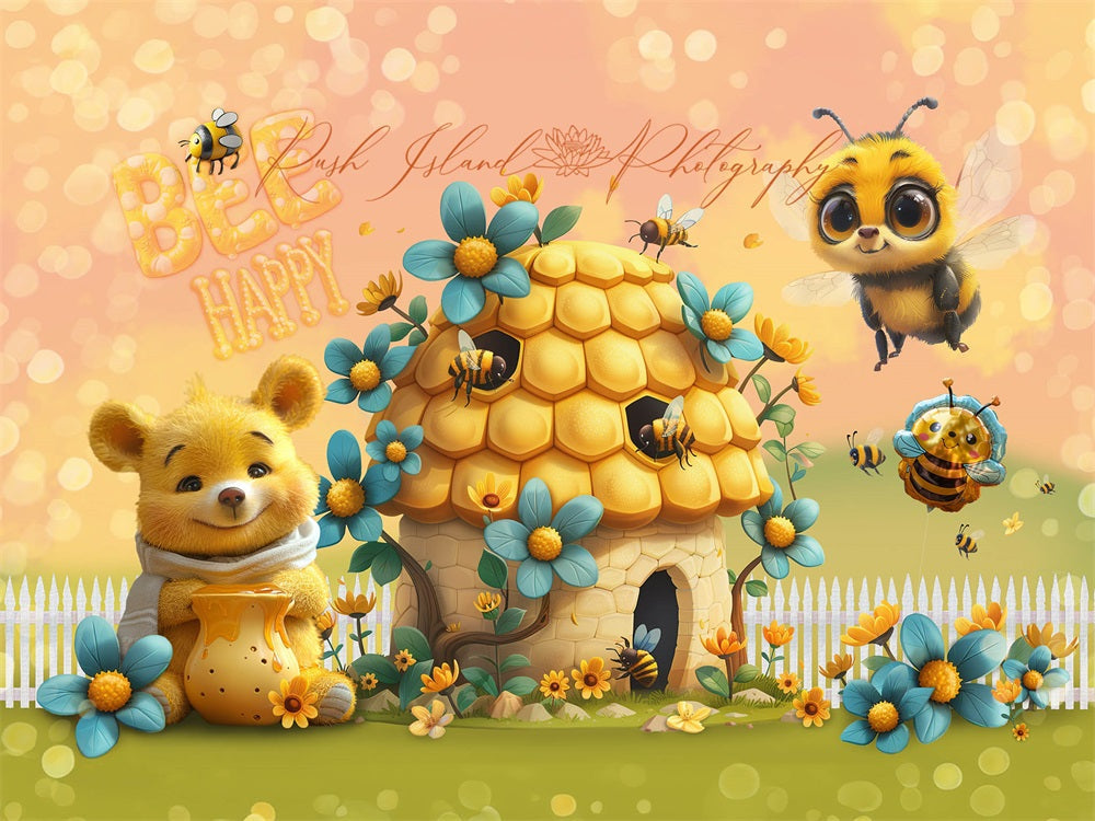 Kate Feine Kunst Blumen Cartoon Biene Glücklicher Bär Gelbes Häuschen Hintergrund entworfen von Laura Bybee - Kate Backdrop.de