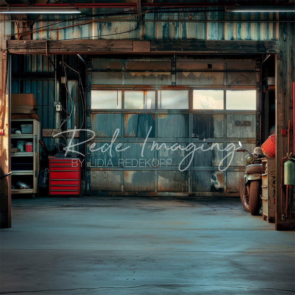 Kate Vatertag Retro Blaue Schmutzige Garage Hintergrund entworfen von Lidia Redekopp - Kate Backdrop.de