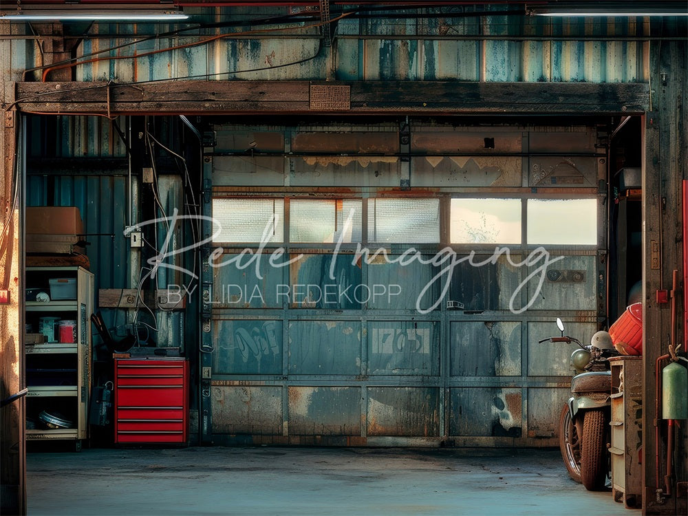 Kate Vatertag Retro Blaue Schmutzige Garage Hintergrund entworfen von Lidia Redekopp - Kate Backdrop.de