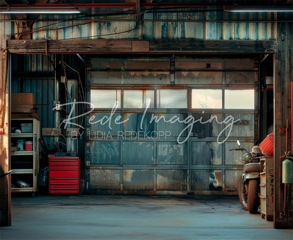 Kate Vatertag Retro Blaue Schmutzige Garage Hintergrund entworfen von Lidia Redekopp - Kate Backdrop.de