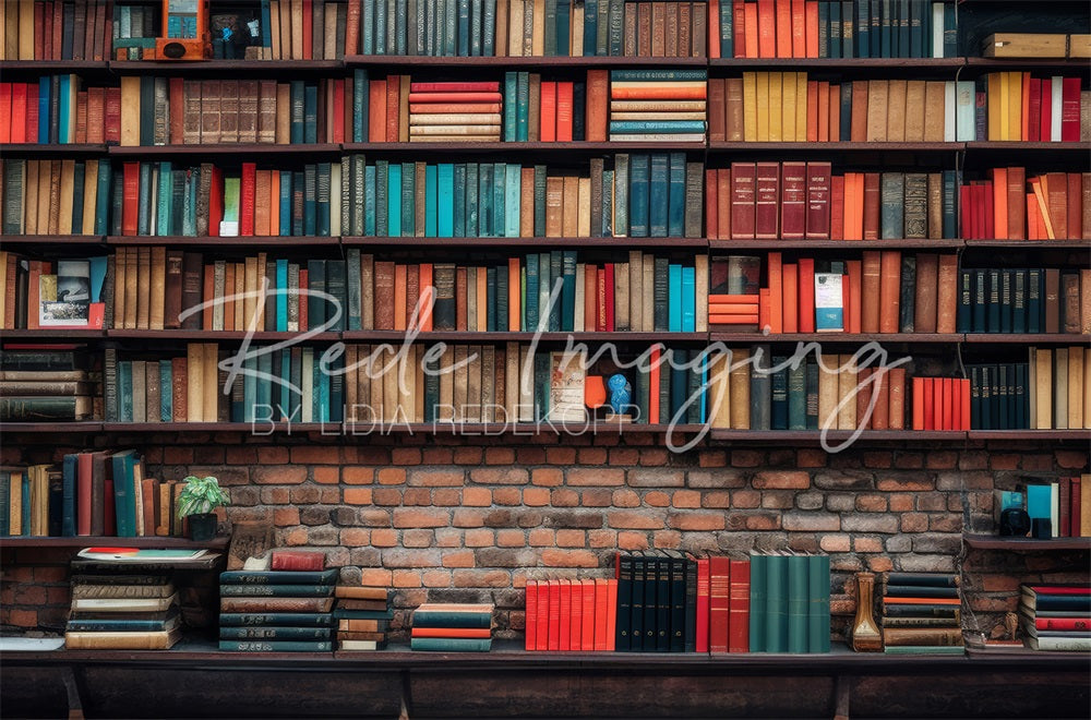 Kate Vintage Dunkelbraunes Holz Altes Bücherregal Roter Kaputter Ziegelwand Hintergrund entworfen von Lidia Redekopp - Kate Backdrop.de