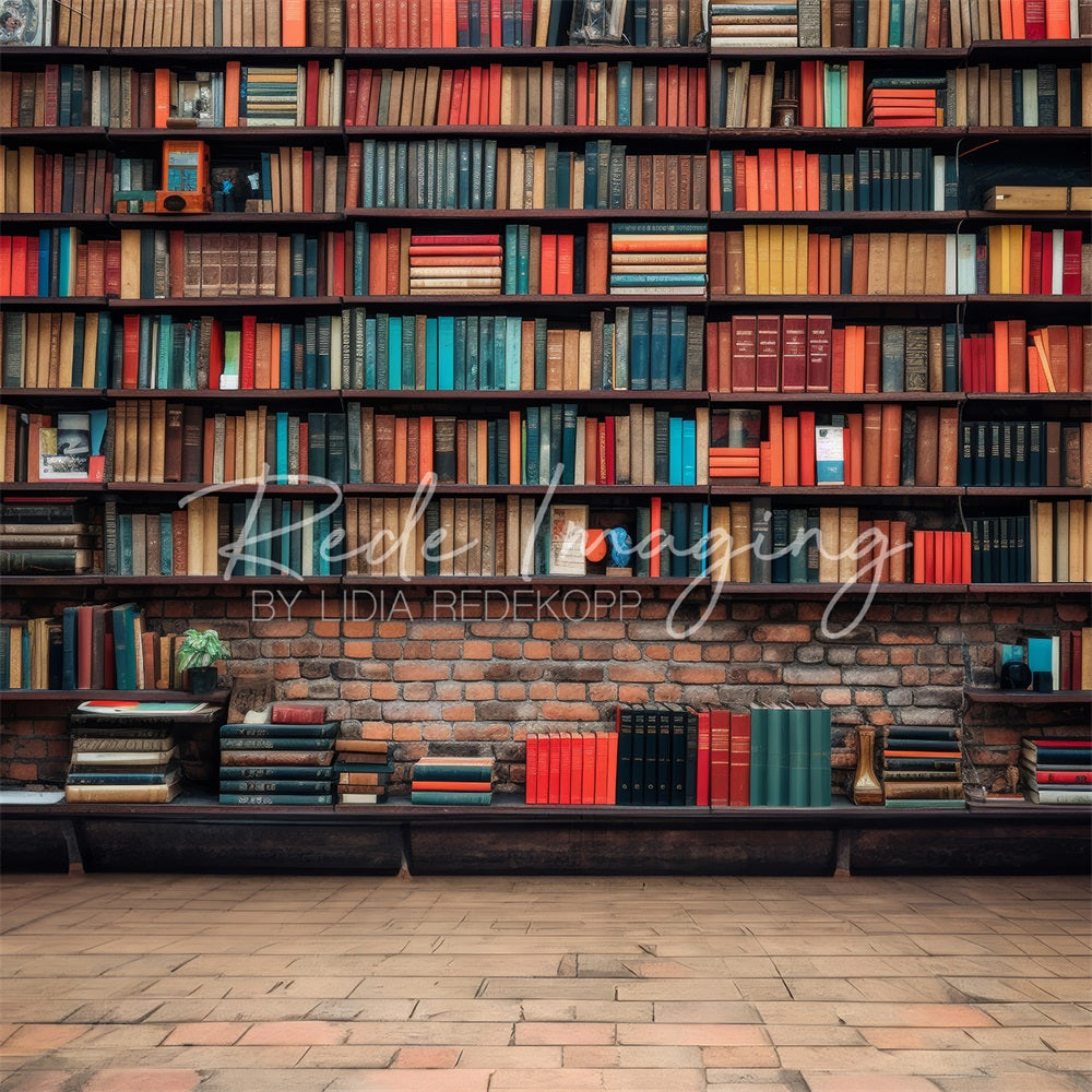 Kate Vintage Dunkelbraunes Holz Altes Bücherregal Roter Kaputter Ziegelwand Hintergrund entworfen von Lidia Redekopp - Kate Backdrop.de