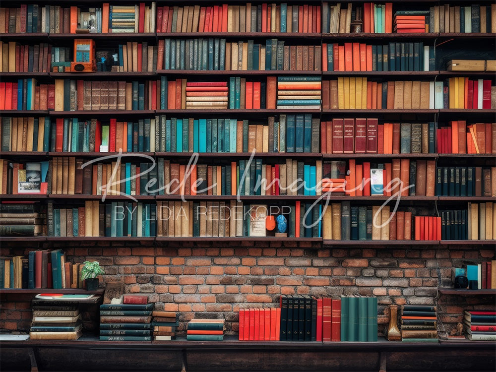 Kate Vintage Dunkelbraunes Holz Altes Bücherregal Roter Kaputter Ziegelwand Hintergrund entworfen von Lidia Redekopp - Kate Backdrop.de