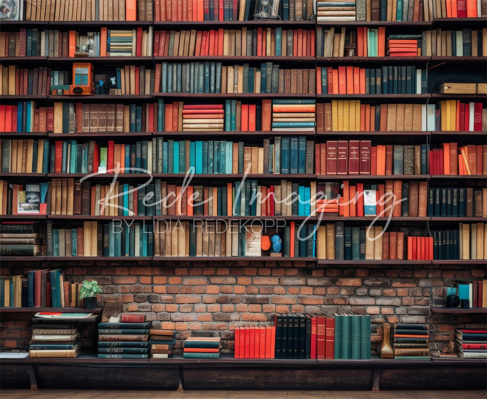 Kate Vintage Dunkelbraunes Holz Altes Bücherregal Roter Kaputter Ziegelwand Hintergrund entworfen von Lidia Redekopp - Kate Backdrop.de