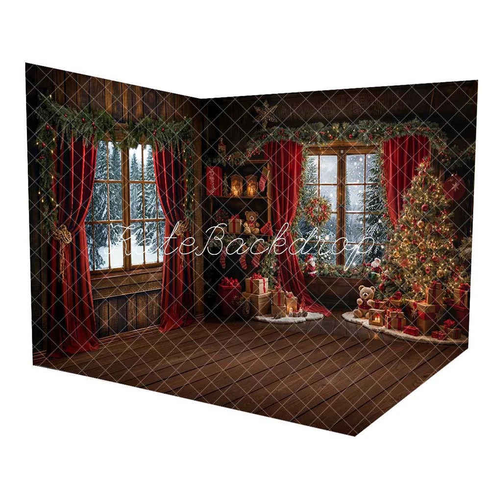 Kate Weihnachtsbaum Rote Vorhänge Holzhaus Zimmer Set(8ftx8ft&10ftx8ft&8ftx10ft) - Kate Backdrop.de